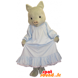 Pig Paryk maskot, gris i hvid kjole med prikker - Spotsound
