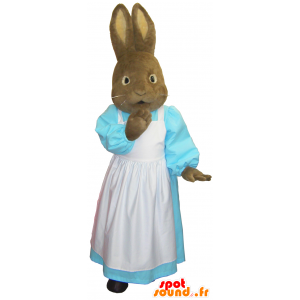 Madame Rabbit maskot, med en blå klänning och ett vitt förkläde