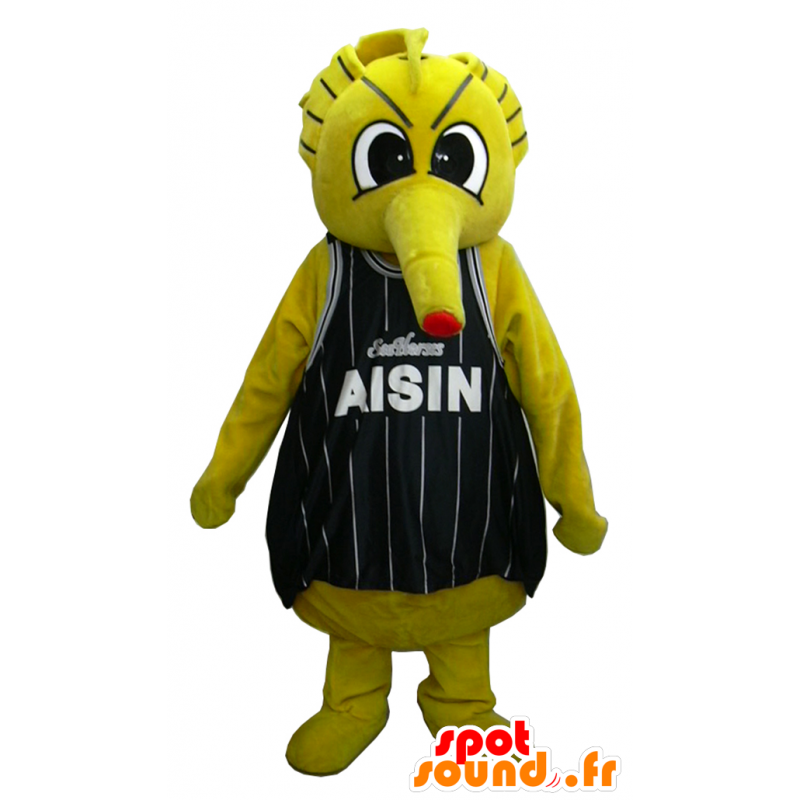 バスケットボールの衣装を着た黄色いモンスターのマスコット-MASFR26237-日本のゆるキャラのマスコット