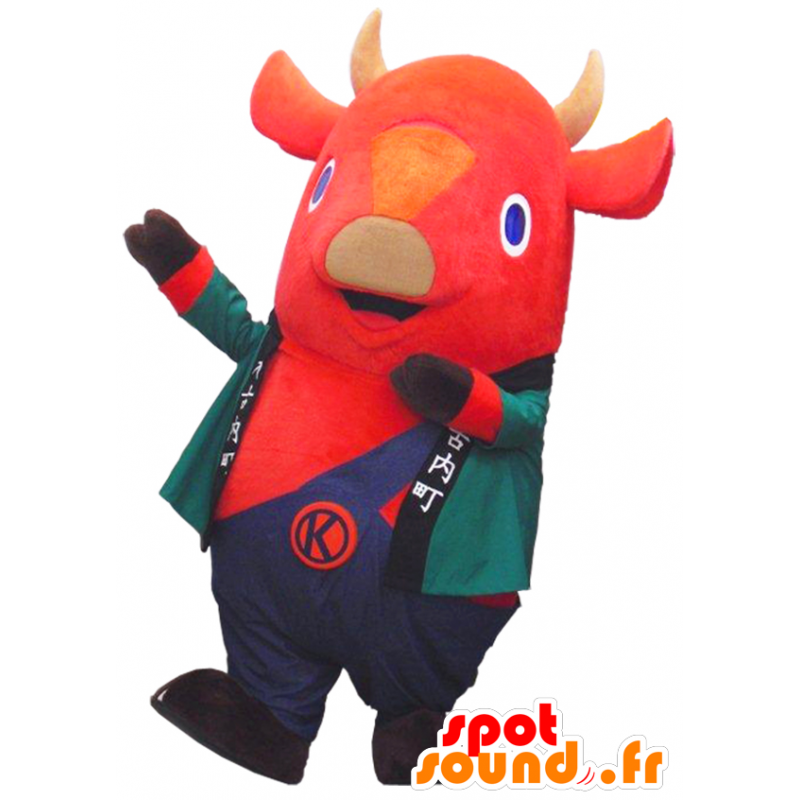 Bull maskot, ko, med jacka, färgglad outfit - Spotsound maskot