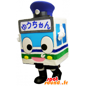 Yu-chan maskot, buss, blå, vit och grön spårvagn - Spotsound