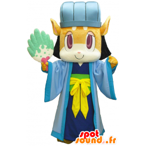 Mascot καφέ αλεπού με έναν ανεμιστήρα και ένα μπλε φόρεμα - MASFR26257 - Yuru-Χαρά ιαπωνική Μασκότ