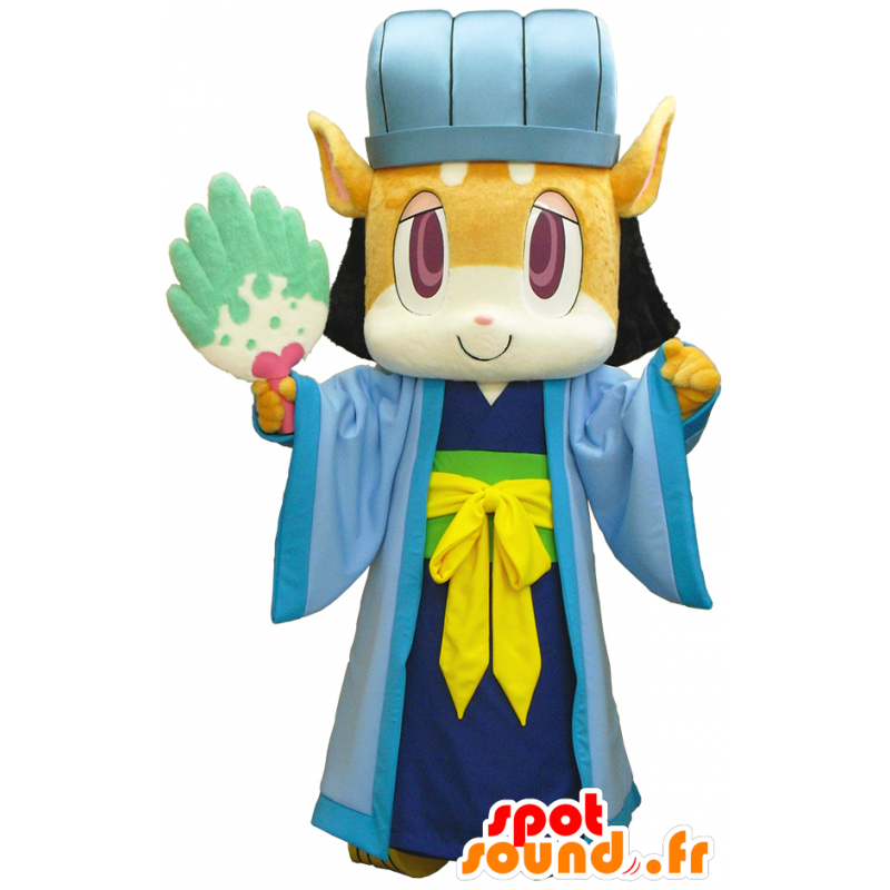 Maskottchen braune Fuchs mit einem Ventilator und einem blauen Kleid - MASFR26257 - Yuru-Chara japanischen Maskottchen