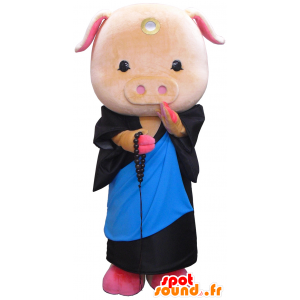 Mascota Botón-kun, cerdo, con un kimono negro y azul - MASFR26268 - Yuru-Chara mascotas japonesas
