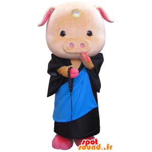 Button-kun mascotte, maiale, con un kimono nero e blu - MASFR26268 - Yuru-Chara mascotte giapponese