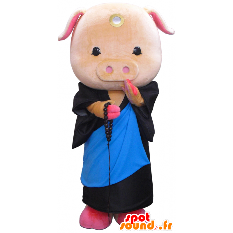 Maskotti Button-kun, sika, jossa on musta ja sininen kimono - MASFR26268 - Mascottes Yuru-Chara Japonaises