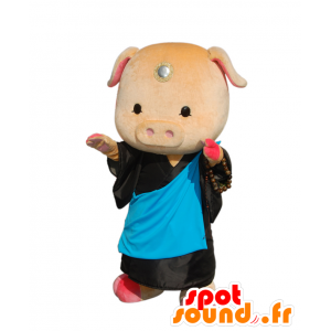 Button-kun mascotte, maiale, con un kimono nero e blu - MASFR26268 - Yuru-Chara mascotte giapponese