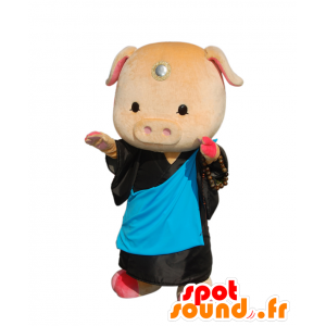 Mascot Button-kun, porco, com um quimono preto e azul - MASFR26268 - Yuru-Chara Mascotes japoneses