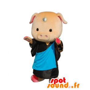 Mascota Botón-kun, cerdo, con un kimono negro y azul - MASFR26268 - Yuru-Chara mascotas japonesas