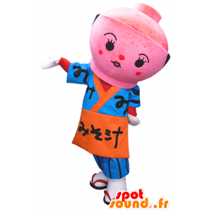 Mascotte de Miso-chan, bol de soupe en kimono bleu et orange - MASFR26275 - Mascottes Yuru-Chara Japonaises