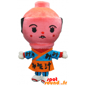 味噌ちゃんのマスコット、青とオレンジの着物のスープのボウル-MASFR26275-日本のゆるキャラのマスコット