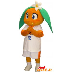 Basketballmaskot, en orange tette og et sporty outfit -