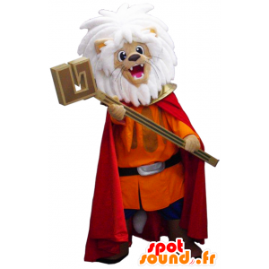 Ryakun maskot, beige lejon med en kappa och en hammare -