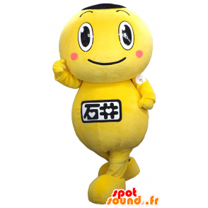 Mascotte de Dapukun, bonhomme jaune, avec un slogan sur le ventre - MASFR26312 - Mascottes Yuru-Chara Japonaises