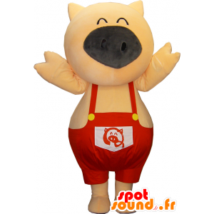 Mascotte de Po-ku, cochon rose, en salopette rouge - MASFR26317 - Mascottes Yuru-Chara Japonaises