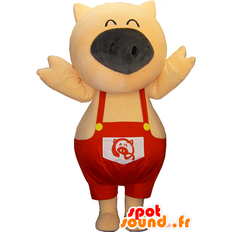Mascotte de Po-ku, cochon rose, en salopette rouge - MASFR26317 - Mascottes Yuru-Chara Japonaises
