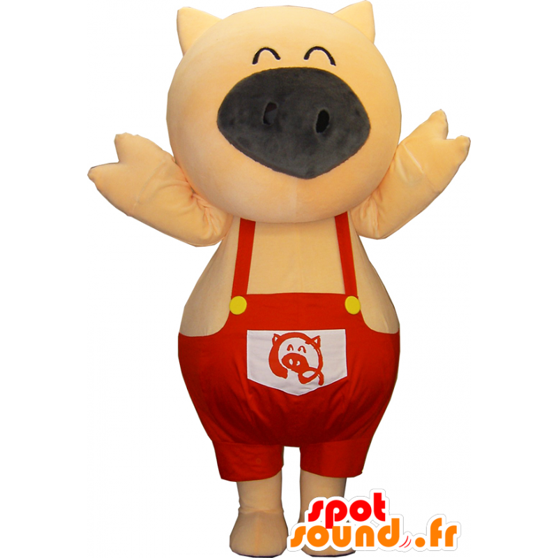 Maskottchen-Po-ku, rosa schwein, in rot Overalls - MASFR26317 - Yuru-Chara japanischen Maskottchen