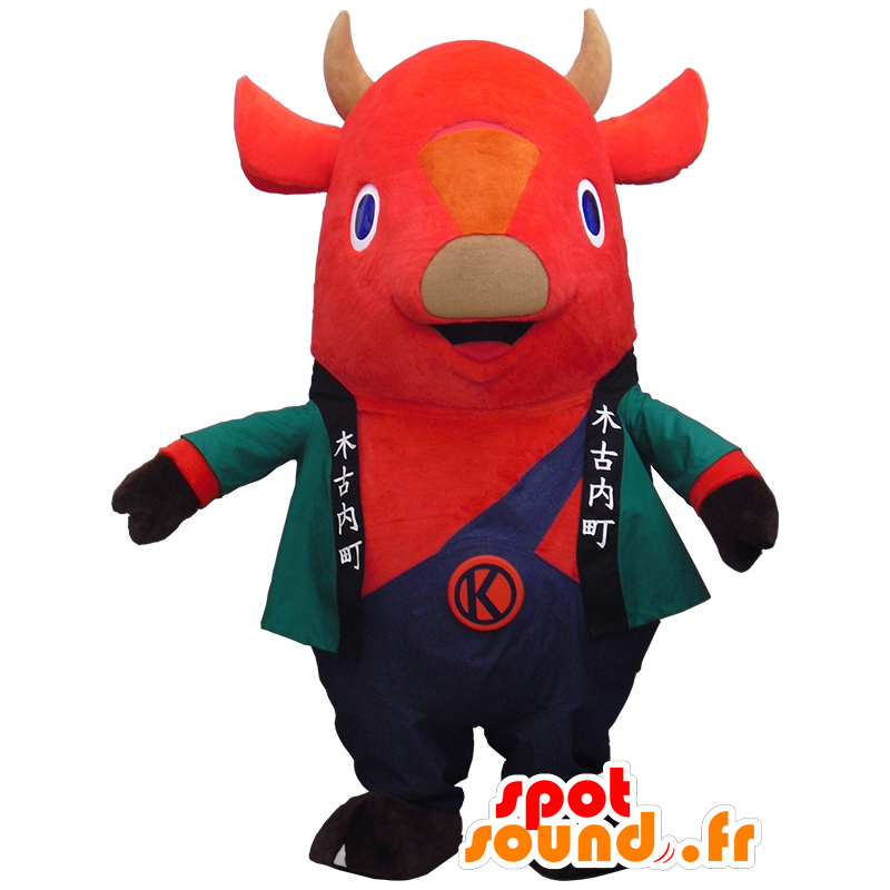 Mascotte de Kiko, de vache, de taureau rouge en salopette - MASFR26329 - Mascottes Yuru-Chara Japonaises