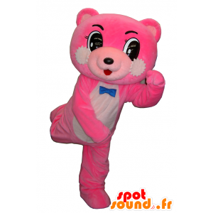 Pink and white teddy mascot with a blue bow tie - MASFR26334 - Yuru-Chara Japanese mascots