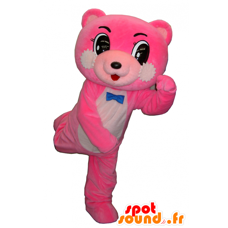 Mascota de peluche rosado y blanco con una corbata de lazo azul - MASFR26334 - Yuru-Chara mascotas japonesas