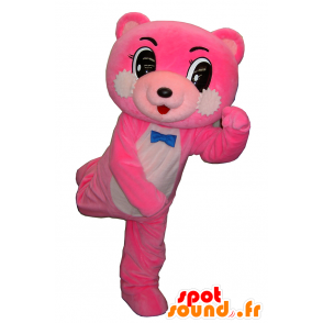 Roze en witte teddybeer mascotte met een blauwe vlinderdas - MASFR26334 - Yuru-Chara Japanse Mascottes