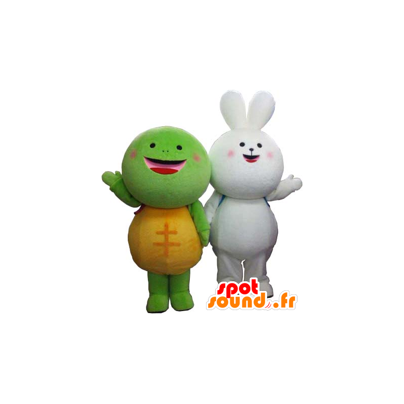 Two mascots, a white rabbit and a turtle green and yellow - MASFR26356 - Yuru-Chara Japanese mascots