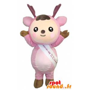 Mascotte de Papajika, nounours rose, avec une tête de cerf - MASFR26362 - Mascottes Yuru-Chara Japonaises