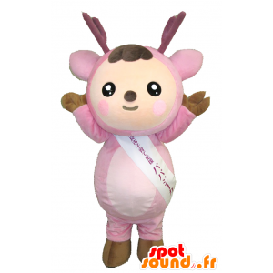 Papajika Maskottchen, rosa Teddybären mit einem Hirschkopf - MASFR26362 - Yuru-Chara japanischen Maskottchen