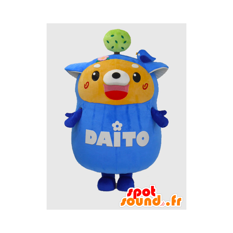 Mascot Daito, sininen koira, jolla on puu ja lintu - MASFR26367 - Mascottes Yuru-Chara Japonaises