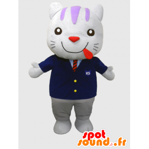 Mascot Toraisu, valkoinen kissa, pukeutunut mustaan ​​pukuun - MASFR26373 - Mascottes Yuru-Chara Japonaises