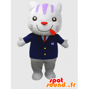 Mascotte de Toraisu, chat blanc, habillé d'un costume noir - MASFR26373 - Mascottes Yuru-Chara Japonaises