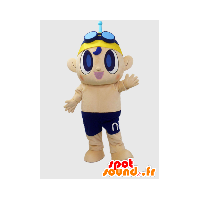 Mascotte de Nisupo, garçon bleu et jaune, avec un bonnet de bain - MASFR26374 - Mascottes Yuru-Chara Japonaises