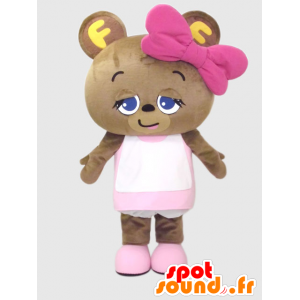 NIKKI maskot, lille brun bjørn klædt i lyserød - Spotsound