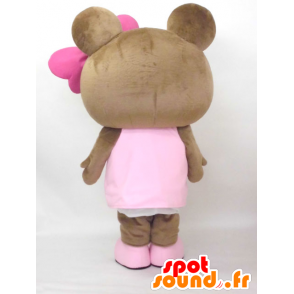 NIKKI maskot, lille brun bjørn klædt i lyserød - Spotsound