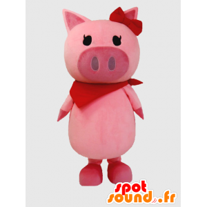 Rosa und rote Schwein-Maskottchen mit einem Halstuch - MASFR26393 - Yuru-Chara japanischen Maskottchen