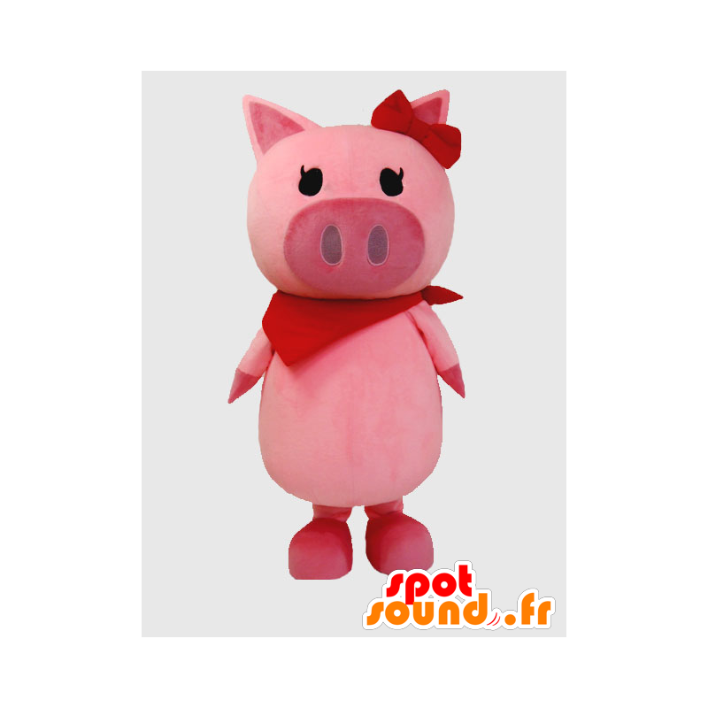 Mascotte de cochon rose et rouge avec un bandana - MASFR26393 - Mascottes Yuru-Chara Japonaises
