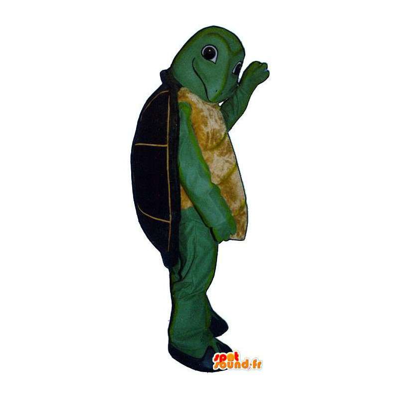 Zelené a žluté želva maskot s černým pláštěm - MASFR006926 - želva Maskoti