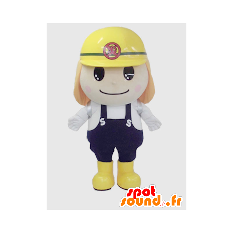 Homem branco Mascot Hitomachi Bouta com um capacete amarelo - MASFR26396 - Yuru-Chara Mascotes japoneses