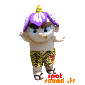 Mascotte de bonhomme beige, avec un casque violet, un short tigré - MASFR26409 - Mascottes Yuru-Chara Japonaises