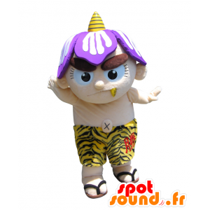 Mascote do boneco de neve bege, com um capacete roxo, um shorts listrados - MASFR26409 - Yuru-Chara Mascotes japoneses