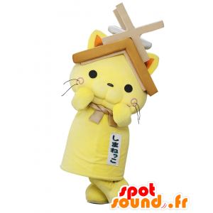 Maskot Shimanekko, žlutá kočka, s střechu nad hlavou - MASFR26411 - Yuru-Chara japonské Maskoti