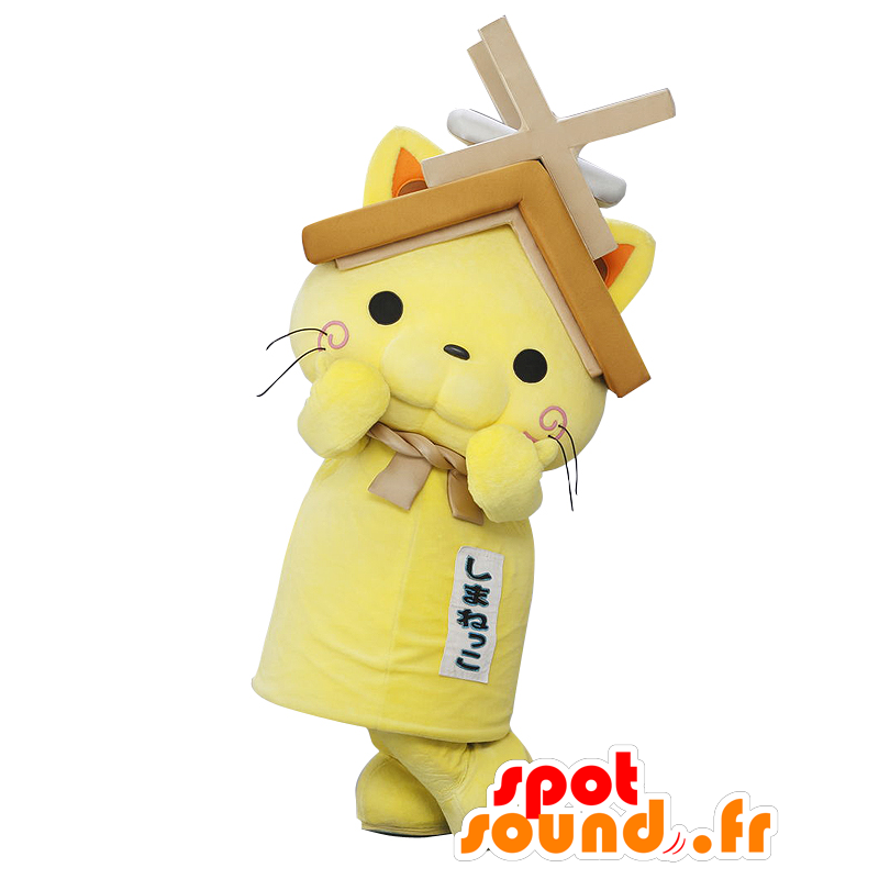 Maskot Shimanekko, žlutá kočka, s střechu nad hlavou - MASFR26411 - Yuru-Chara japonské Maskoti