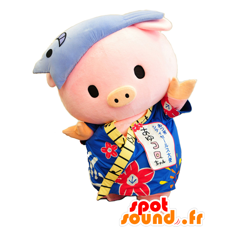 Mascotte d'Ayukoro chan, de cochon en kimono bleu a fleurs - MASFR26415 - Mascottes Yuru-Chara Japonaises