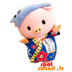 Ayukoro chan Maskottchen hat Schwein blauen Kimono Blumen - MASFR26415 - Yuru-Chara japanischen Maskottchen