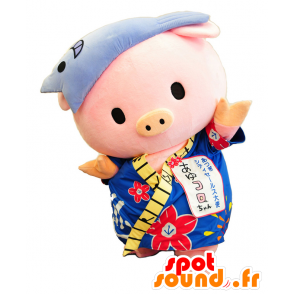あゆろちゃんのマスコット、青い着物に花をつけた豚-MASFR26415-日本のゆるキャラのマスコット