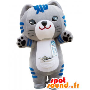 Mascotte de Nyah, chat gris et bleu, avec une grosse tête - MASFR26416 - Mascottes Yuru-Chara Japonaises