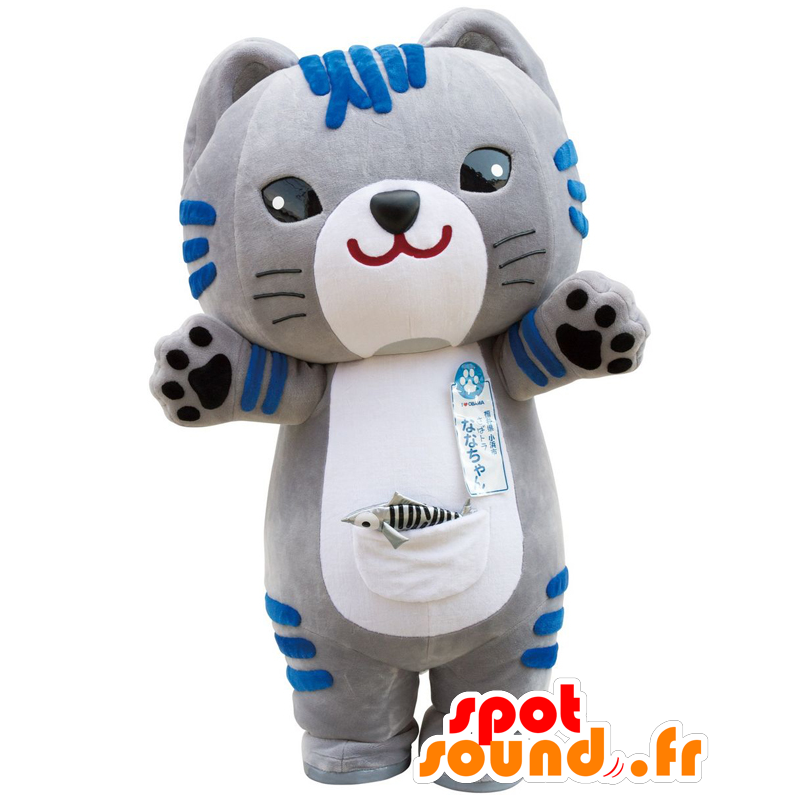 Mascotte de Nyah, chat gris et bleu, avec une grosse tête - MASFR26416 - Mascottes Yuru-Chara Japonaises