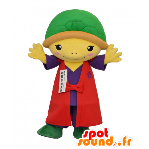 Mascotte de tortue jaune et verte, en tenue rouge et violette - MASFR26430 - Mascottes Yuru-Chara Japonaises