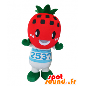 Mascotte de Yoshimin, fraise géante, rouge et blanche, à pois - MASFR26435 - Mascottes Yuru-Chara Japonaises
