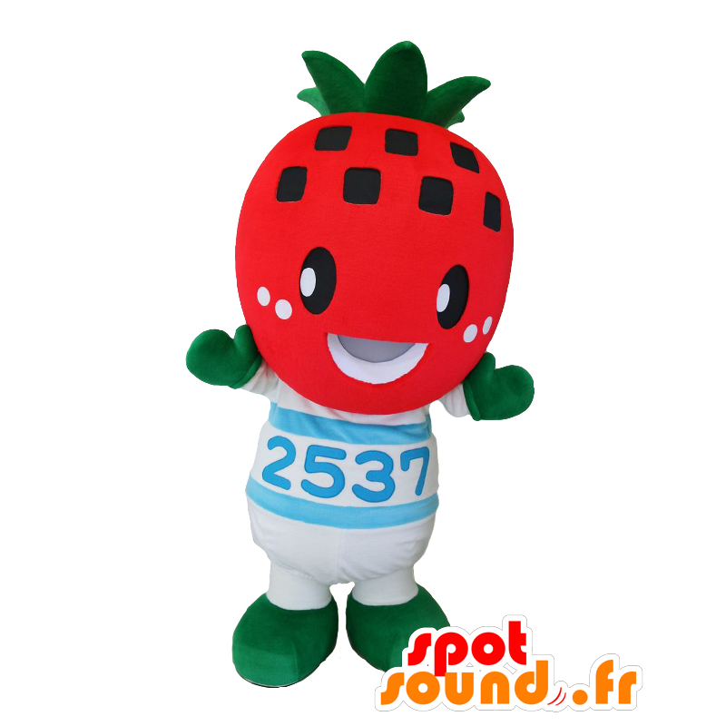 Mascotte de Yoshimin, fraise géante, rouge et blanche, à pois - MASFR26435 - Mascottes Yuru-Chara Japonaises